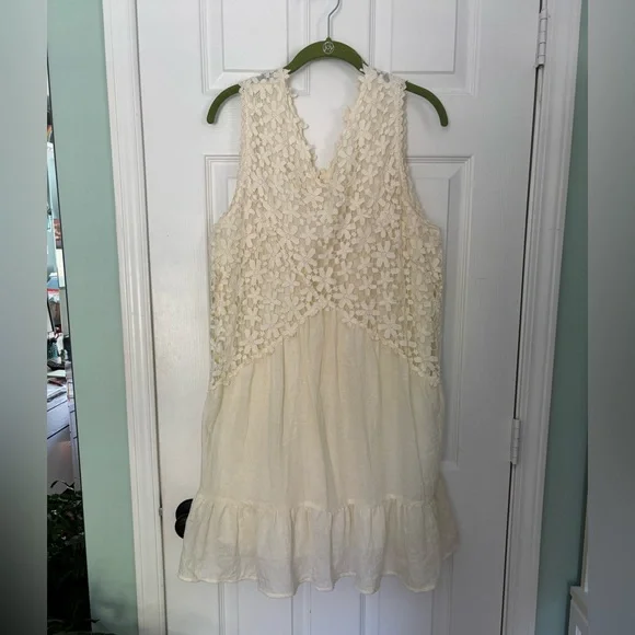 Umgee Lined Gauze and Lace Sleeveless Dress Ivory - Picture 1 of 4